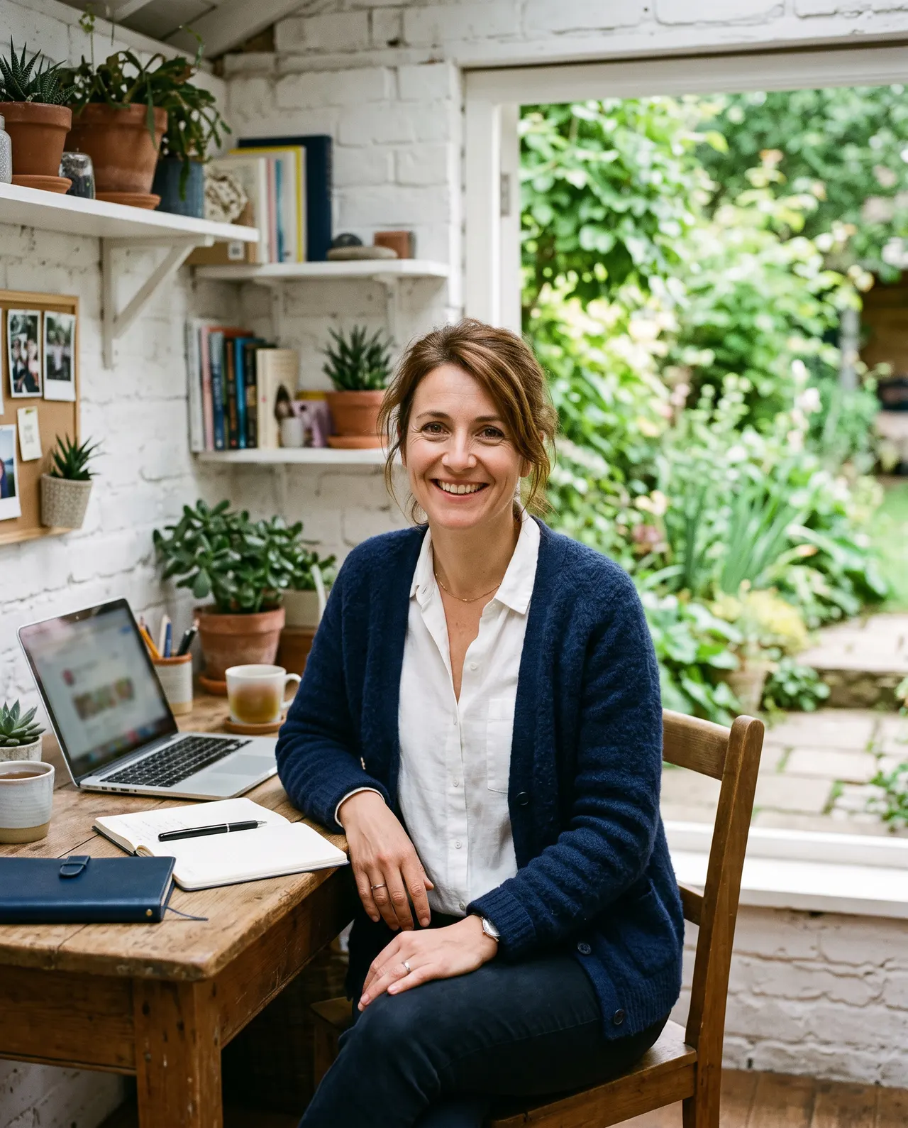 Élodie Parenty, gilet bleu marine, assise à son bureau aux murs de briques blanchies, fenêtre ouverte sur un jardin