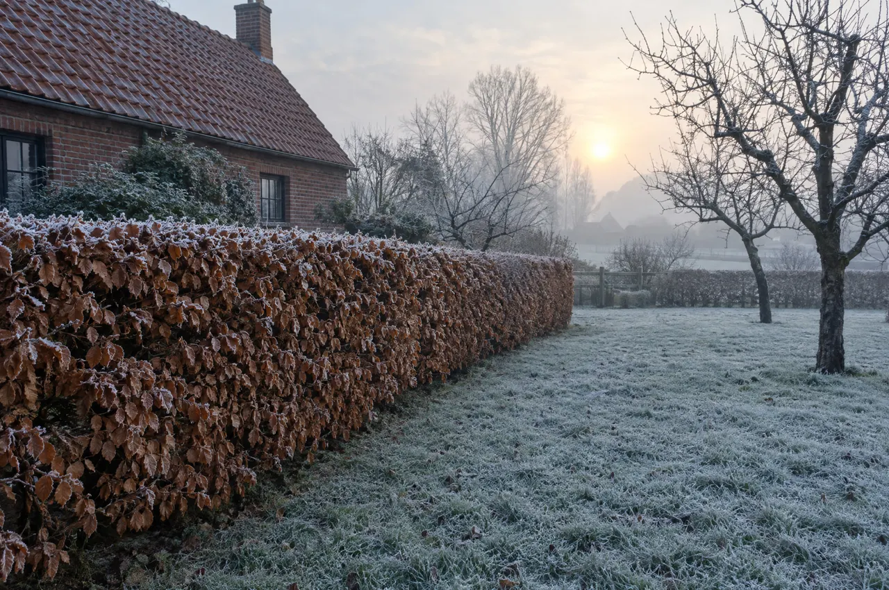 Pelouse couverte de givre au lever du jour, longue haie de charmille aux feuilles rousses givrées, maison de briques et pommiers nus