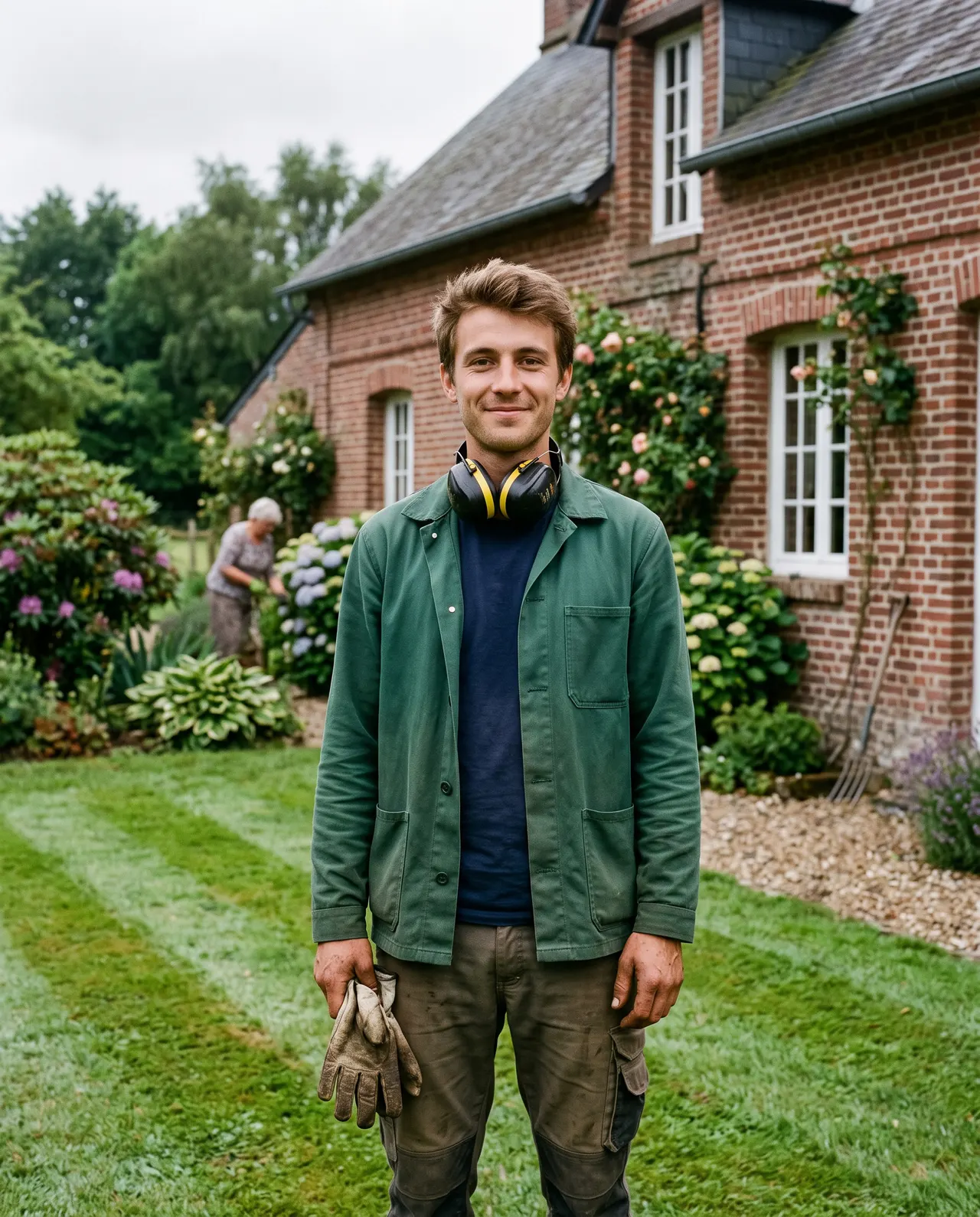 Mathis Cuvelier, vingt-cinq ans environ, veste de travail verte et casque antibruit autour du cou, sur une pelouse rayée devant une maison de briques