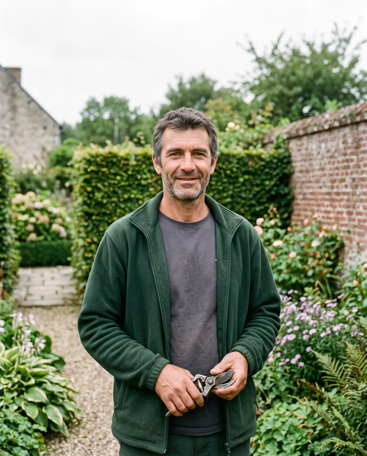 Thomas Parenty, la quarantaine, polaire verte, un sécateur à la main, devant une haie et un mur de briques